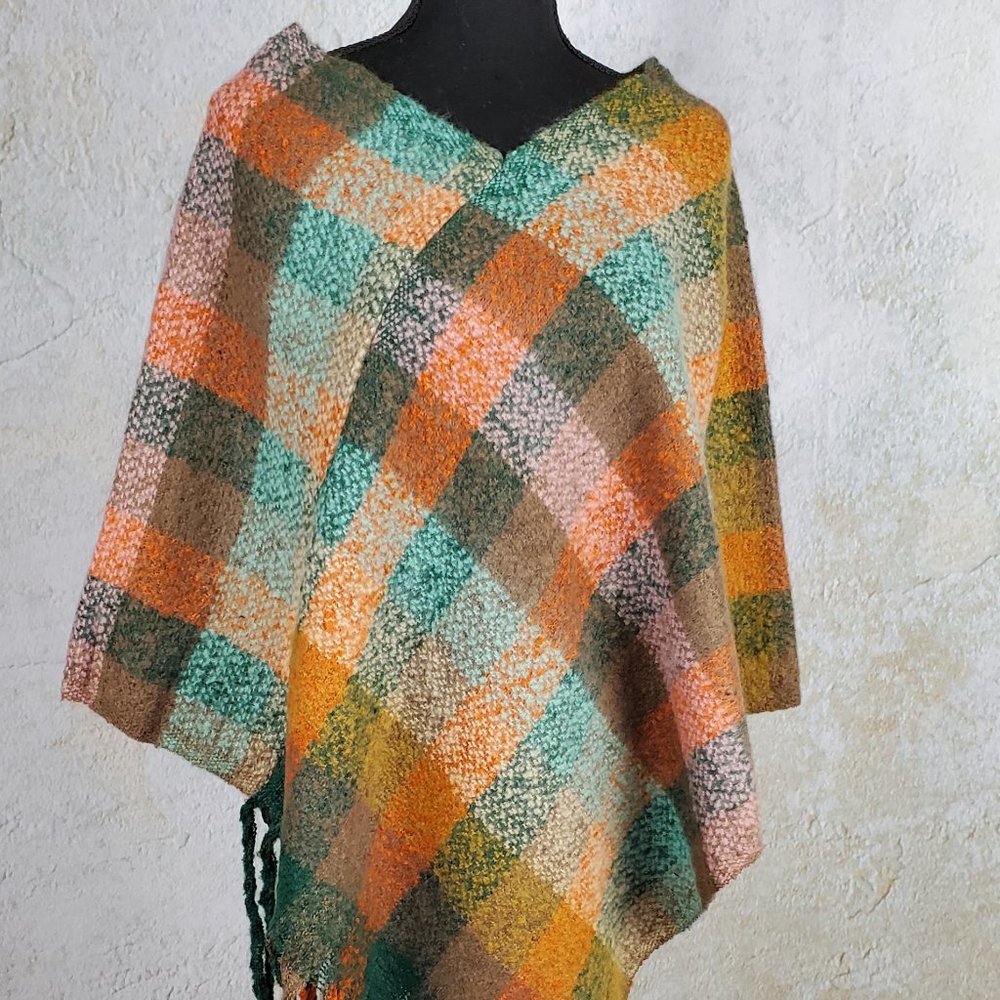 Green and Orange Multicolor Plaid Fringe Poncho